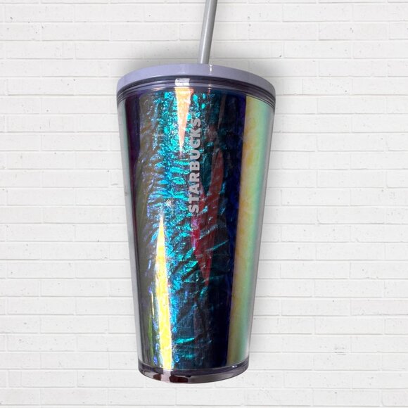 STARBUCKS Holiday 2019 Iridescent 16 oz Unicorn Foil Tumbler Cold Cup Lid Straw - Picture 5 of 7